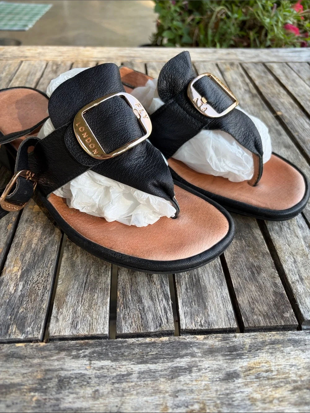 Fly London Black Leather T-Strap Sandals